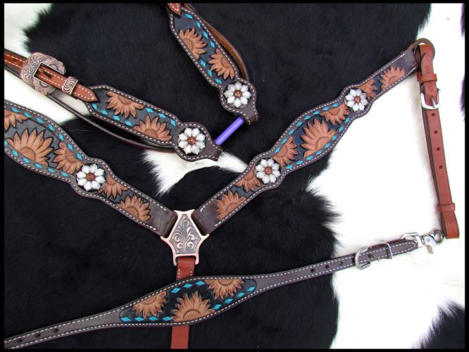Showman Sunflower Tooled dark oil Leather Browband headstall and breastcollar set #3